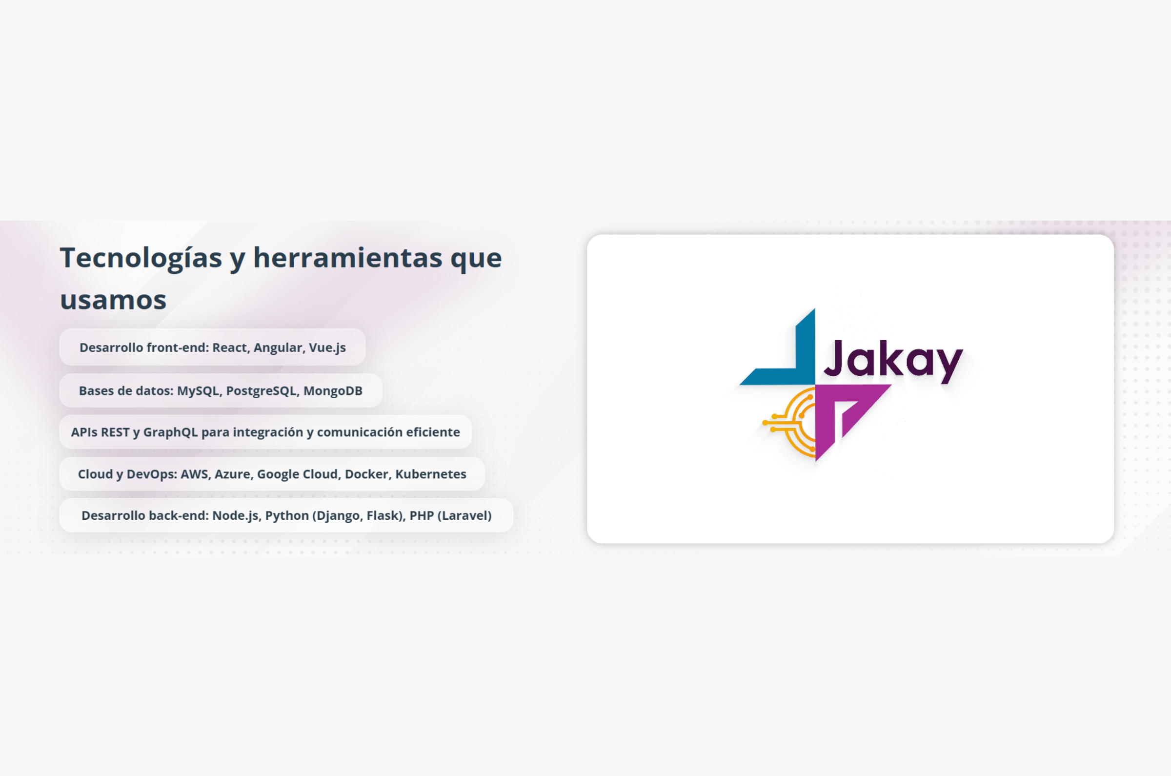 Jakay tech stack: showcasing custom-developed fintech technologies and solutions.